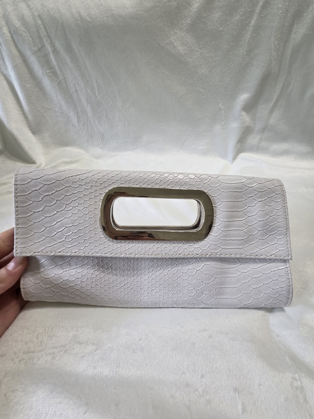 White Textured Faux-Snake Envelope Clutch with Metallic Handle Magnetic Closure - Picture 10 of 10